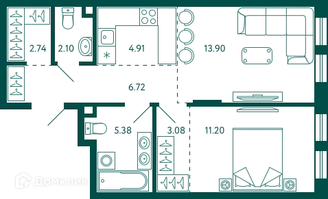 Планировка 1-комнатной квартиры 50.03 м² в ЖК Terle park (Терле Парк), г. Уфа — фото 1