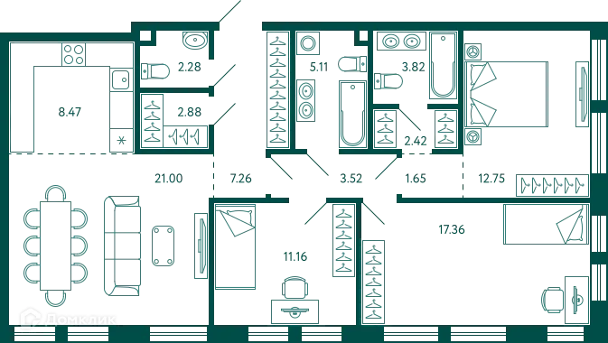 Планировка 3-комнатной квартиры 99.68 м² в ЖК Terle park (Терле Парк), г. Уфа — фото 1