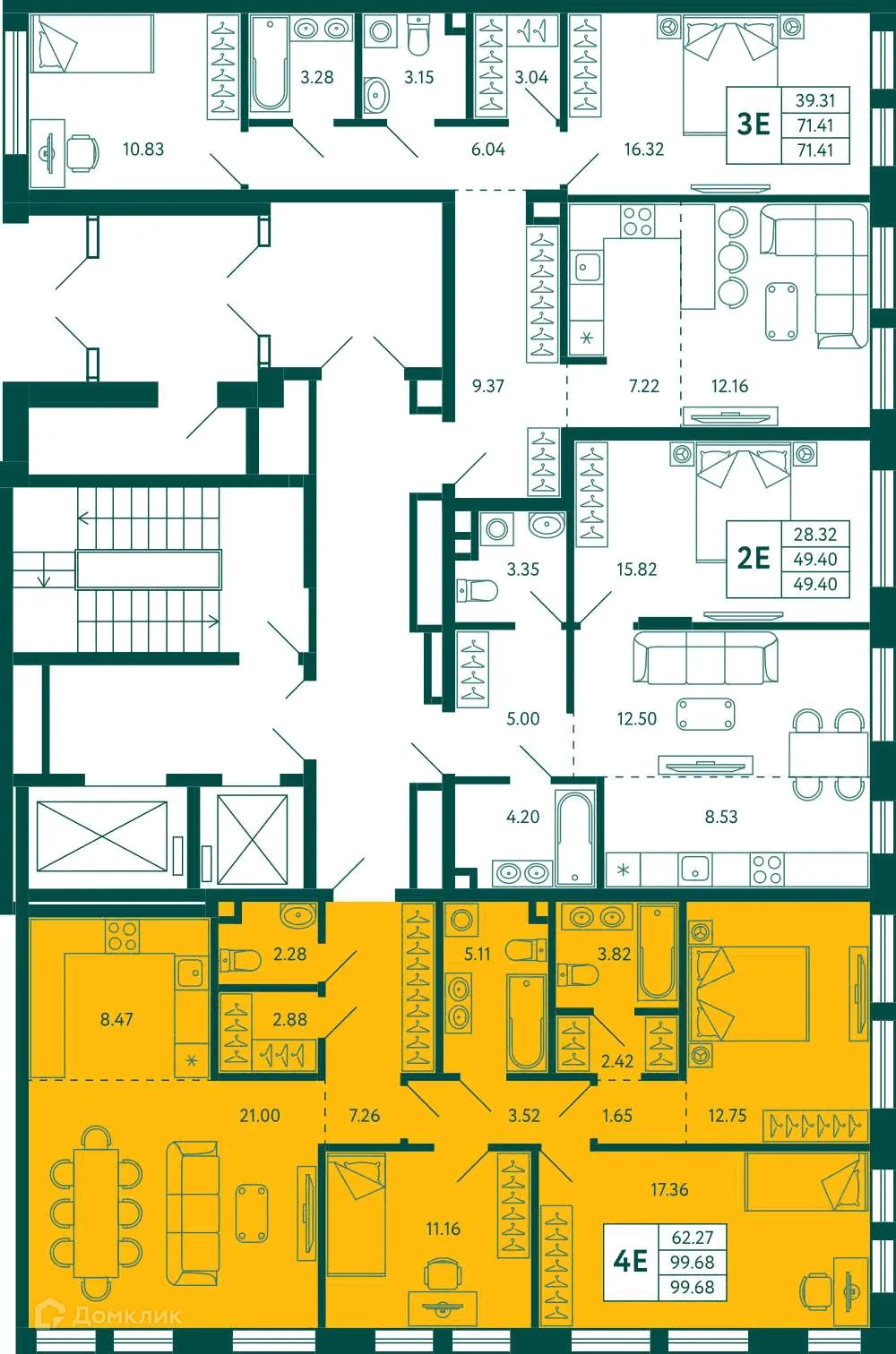 Планировка 3-комнатной квартиры 99.68 м² в ЖК Terle park (Терле Парк), г. Уфа — фото 2