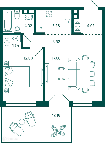 Планировка 1-комнатной квартиры 56.04 м² в ЖК Terle park (Терле Парк), г. Уфа — фото 1