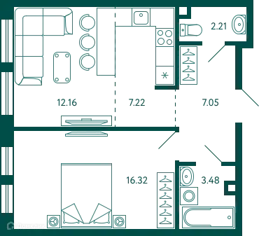 Планировка 1-комнатной квартиры 48.44 м² в ЖК Terle park (Терле Парк), г. Уфа — фото 1