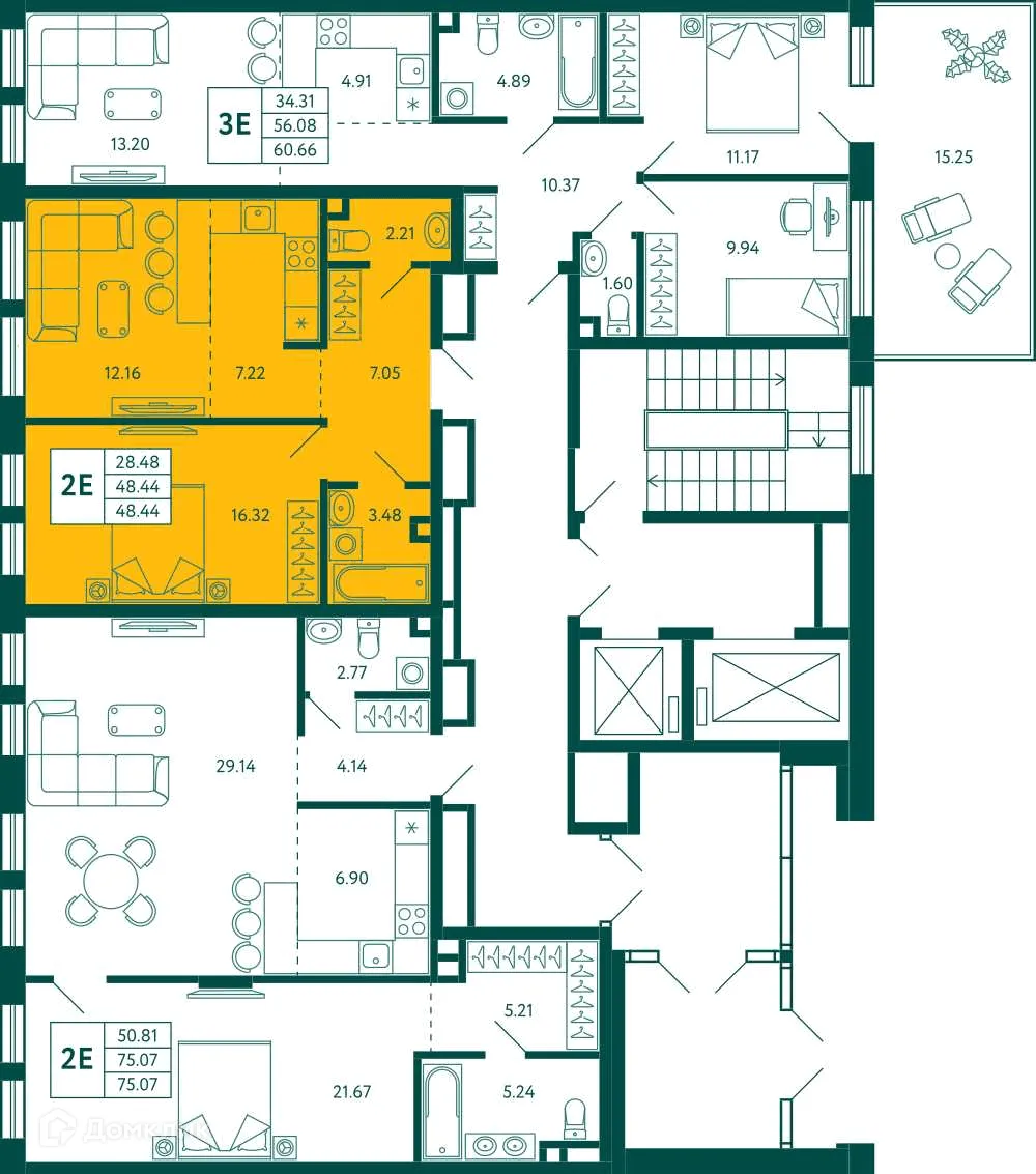 Планировка 1-комнатной квартиры 48.44 м² в ЖК Terle park (Терле Парк), г. Уфа — фото 2