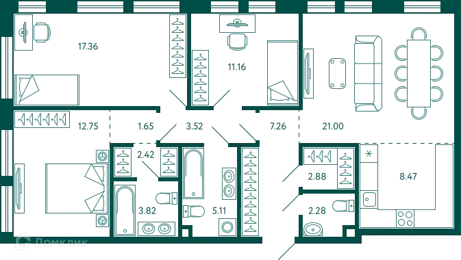 Планировка 3-комнатной квартиры 99.68 м² в ЖК Terle park (Терле Парк), г. Уфа — фото 1