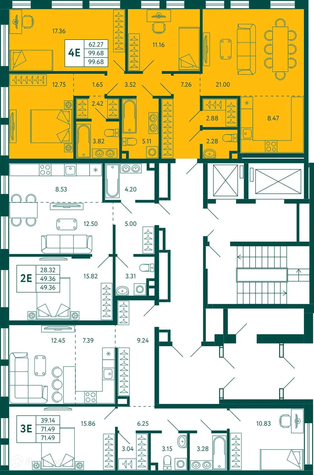 Планировка 3-комнатной квартиры 99.68 м² в ЖК Terle park (Терле Парк), г. Уфа — фото 2