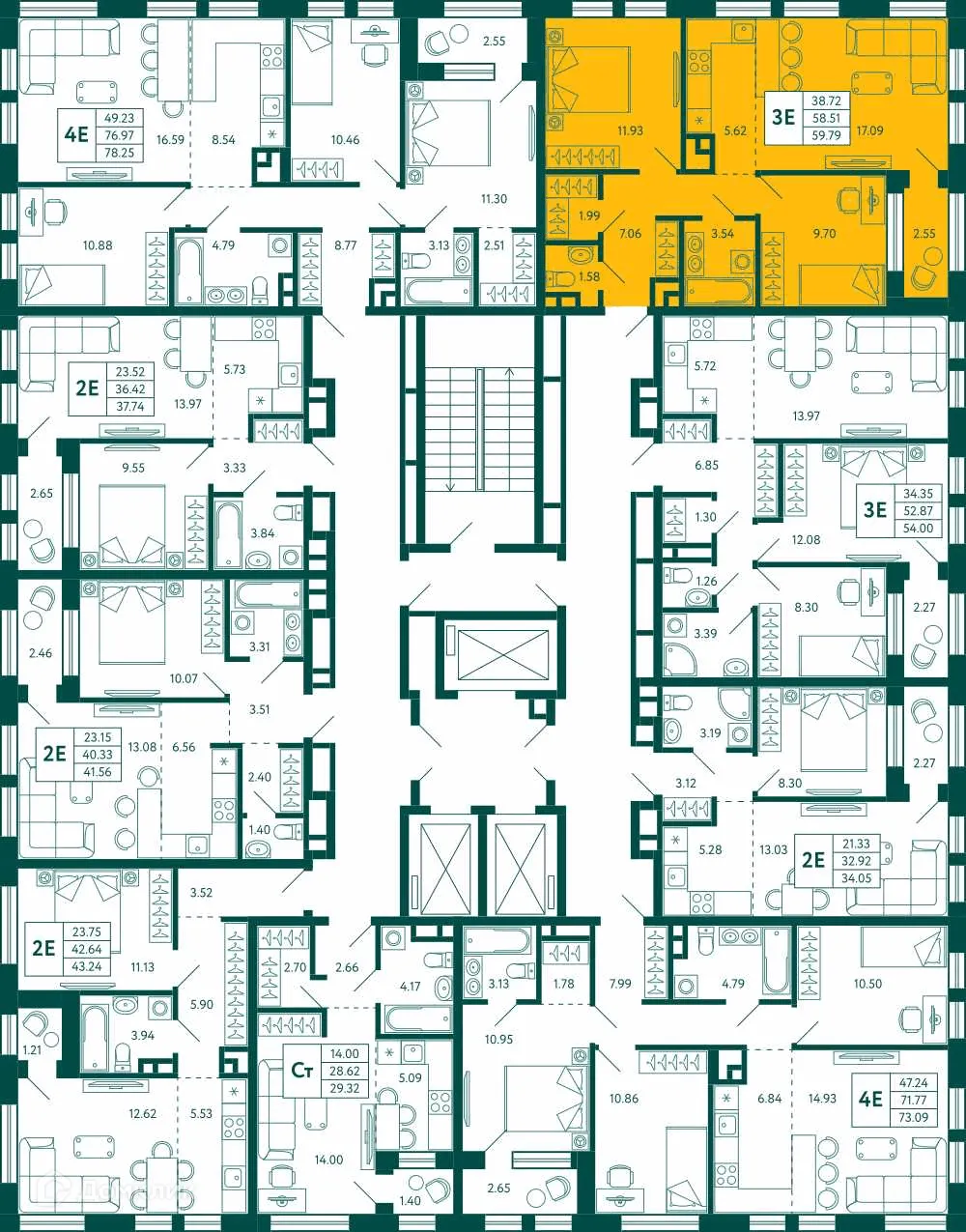 Планировка 2-комнатной квартиры 59.79 м² в ЖК Terle park (Терле Парк), г. Уфа — фото 2