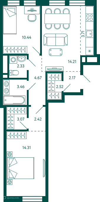Планировка 2-комнатной квартиры 63.31 м² в ЖК Terle park (Терле Парк), г. Уфа — фото 1