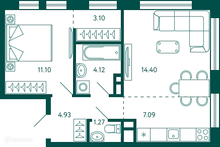 Планировка 1-комнатной квартиры 46.01 м² в ЖК Terle park (Терле Парк), г. Уфа — фото 1