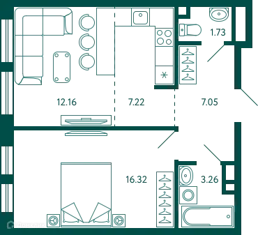 Планировка 1-комнатной квартиры 47.74 м² в ЖК Terle park (Терле Парк), г. Уфа — фото 1