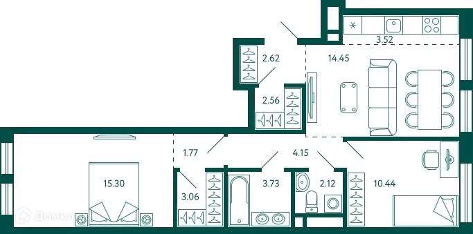 Планировка 2-комнатной квартиры 63.72 м² в ЖК Terle park (Терле Парк), г. Уфа — фото 1
