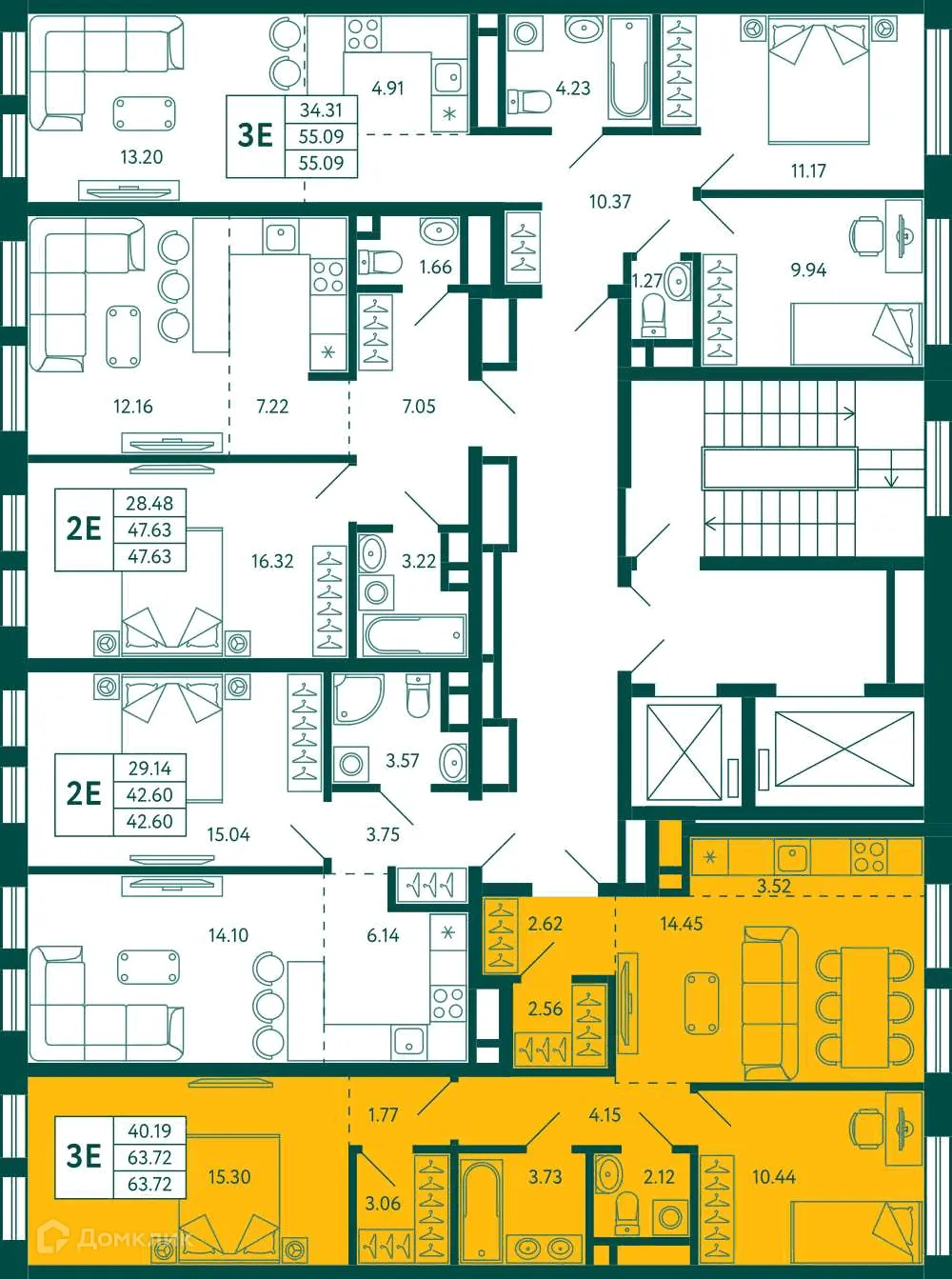 Планировка 2-комнатной квартиры 63.72 м² в ЖК Terle park (Терле Парк), г. Уфа — фото 2