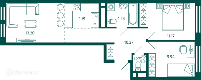 Планировка 2-комнатной квартиры 55.09 м² в ЖК Terle park (Терле Парк), г. Уфа — фото 1