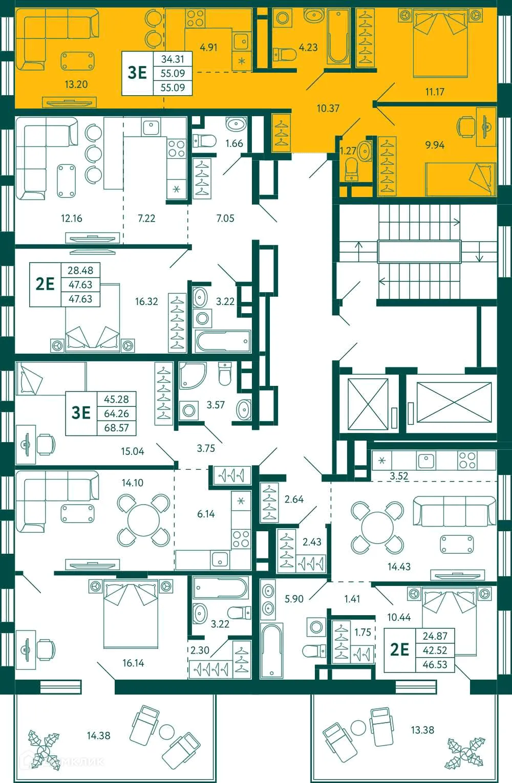 Планировка 2-комнатной квартиры 55.09 м² в ЖК Terle park (Терле Парк), г. Уфа — фото 2