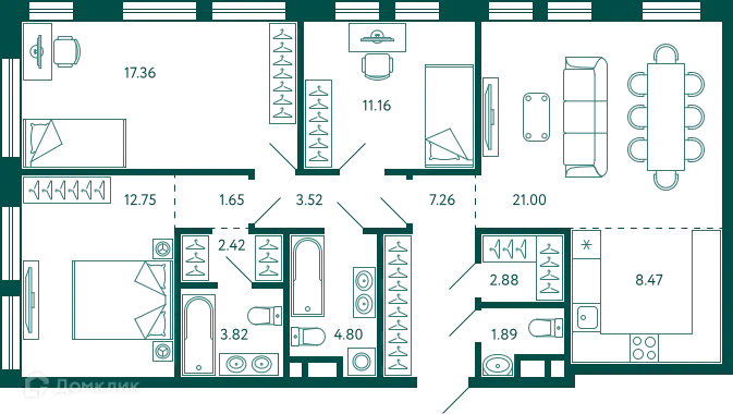 Планировка 3-комнатной квартиры 98.98 м² в ЖК Terle park (Терле Парк), г. Уфа — фото 1