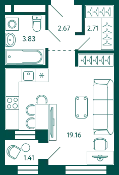Планировка студии квартиры 29.07 м² в ЖК Terle park (Терле Парк), г. Уфа — фото 1