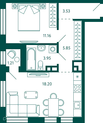 Планировка 1-комнатной квартиры 43.3 м² в ЖК Terle park (Терле Парк), г. Уфа — фото 1