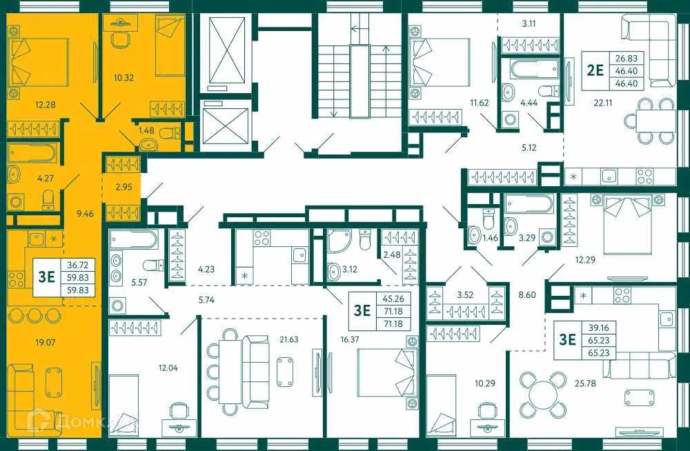 Планировка 2-комнатной квартиры 59.83 м² в ЖК Terle park (Терле Парк), г. Уфа — фото 2