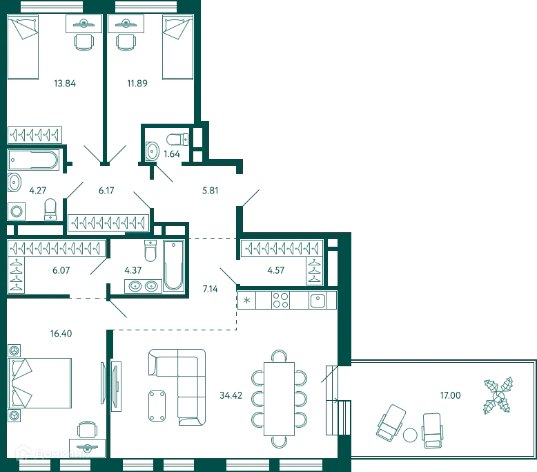 Планировка 3-комнатной квартиры 121.69 м² в ЖК Terle park (Терле Парк), г. Уфа — фото 1