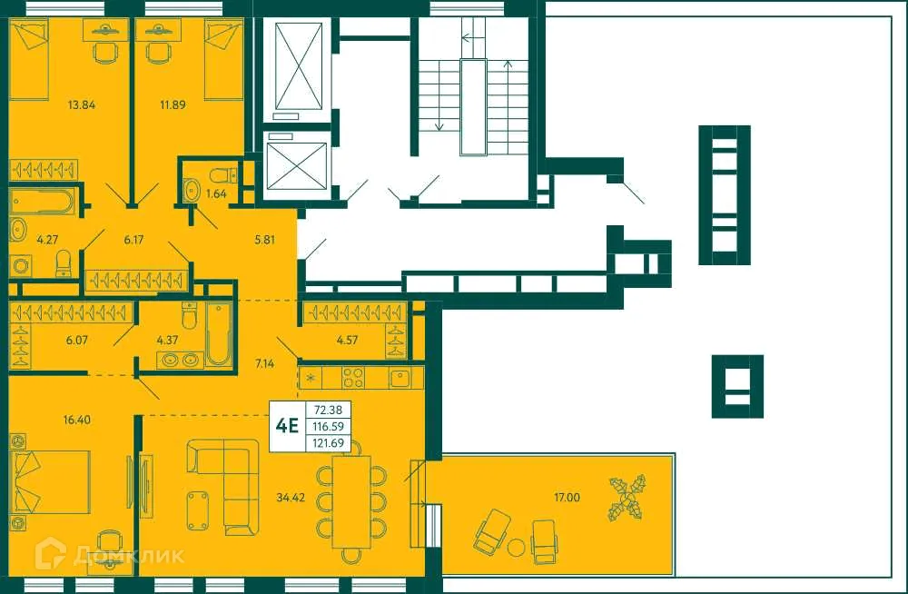 Планировка 3-комнатной квартиры 121.69 м² в ЖК Terle park (Терле Парк), г. Уфа — фото 2