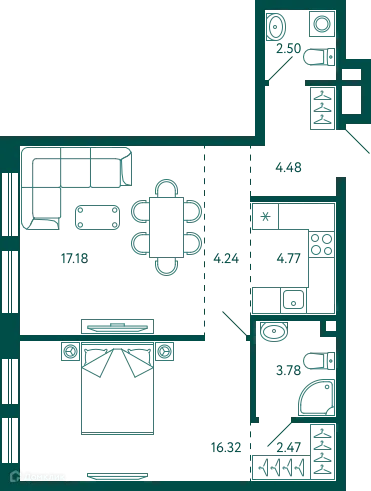 Планировка 1-комнатной квартиры 55.74 м² в ЖК Terle park (Терле Парк), г. Уфа — фото 1