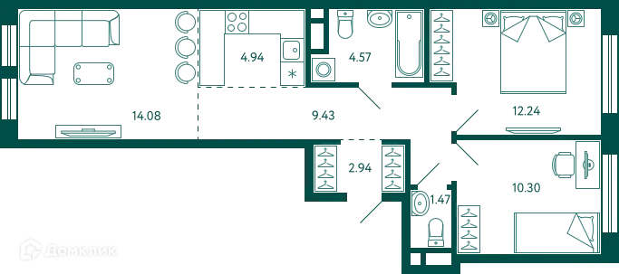 Планировка 2-комнатной квартиры 59.97 м² в ЖК Terle park (Терле Парк), г. Уфа — фото 1