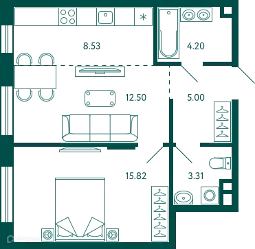 Планировка 1-комнатной квартиры 49.36 м² в ЖК Terle park (Терле Парк), г. Уфа — фото 1