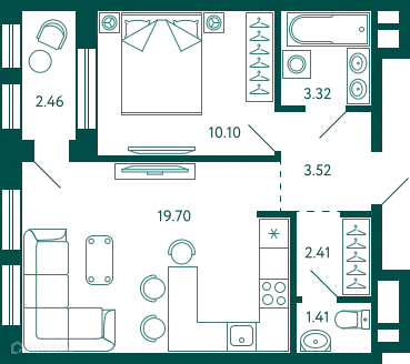 Планировка 1-комнатной квартиры 41.69 м² в ЖК Terle park (Терле Парк), г. Уфа — фото 1