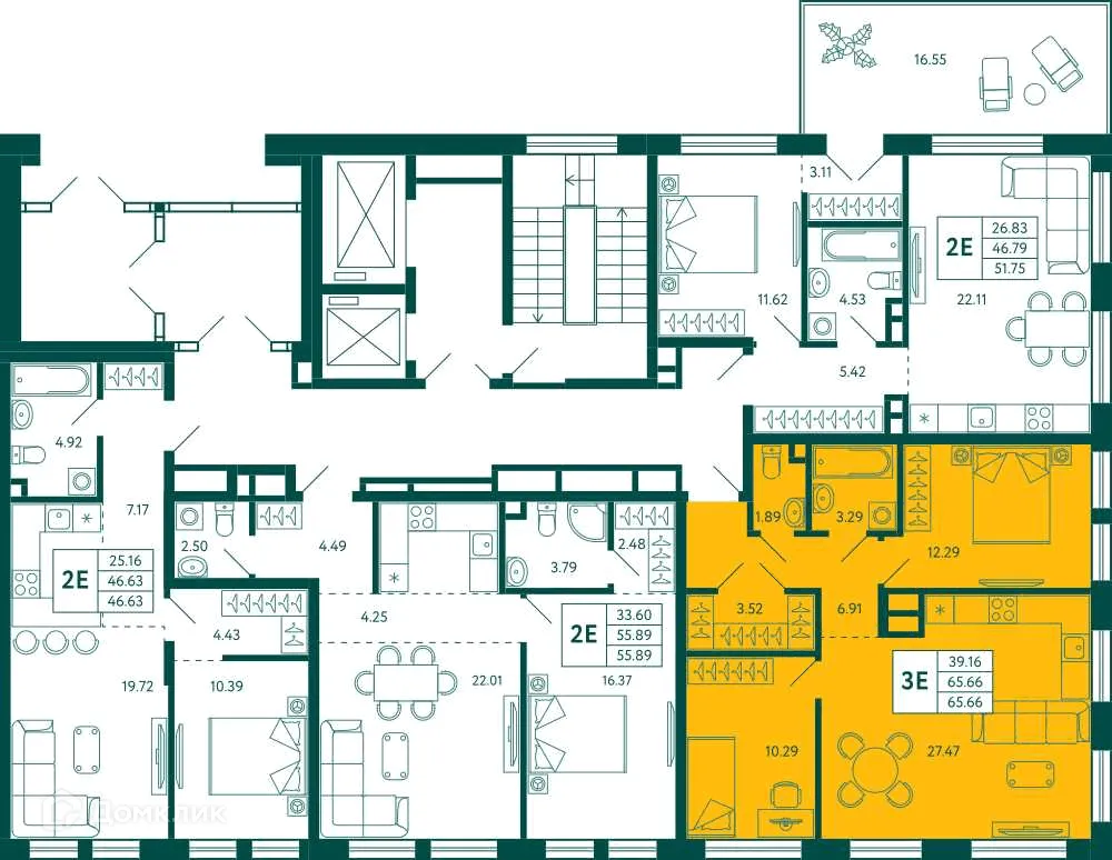 Планировка 2-комнатной квартиры 65.66 м² в ЖК Terle park (Терле Парк), г. Уфа — фото 2