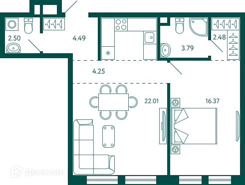 Планировка 1-комнатной квартиры 55.89 м² в ЖК Terle park (Терле Парк), г. Уфа — фото 1