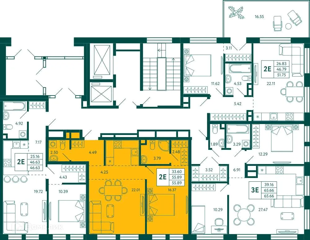 Планировка 1-комнатной квартиры 55.89 м² в ЖК Terle park (Терле Парк), г. Уфа — фото 2