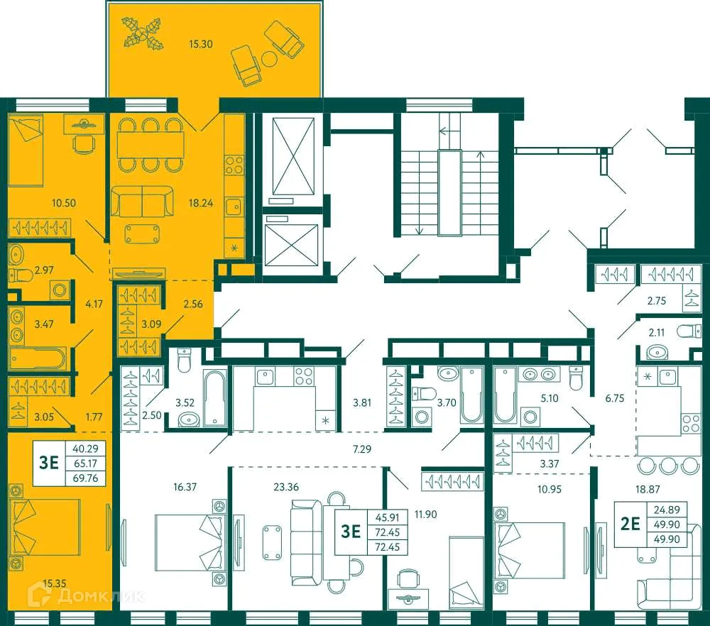 Планировка 2-комнатной квартиры 69.76 м² в ЖК Terle park (Терле Парк), г. Уфа — фото 2