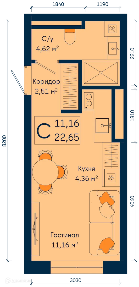 Планировка студии квартиры 22.65 м² в ЖК РИВЕР, г. Уфа — фото 1