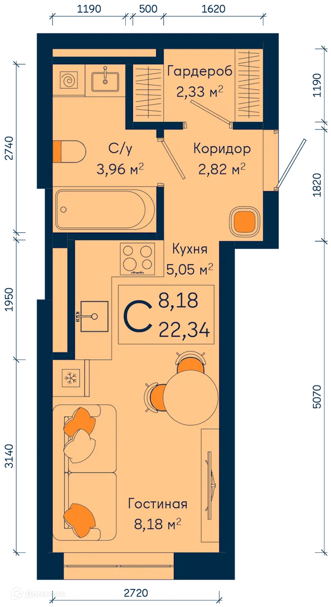 Планировка студии квартиры 22.34 м² в ЖК РИВЕР, г. Уфа — фото 1
