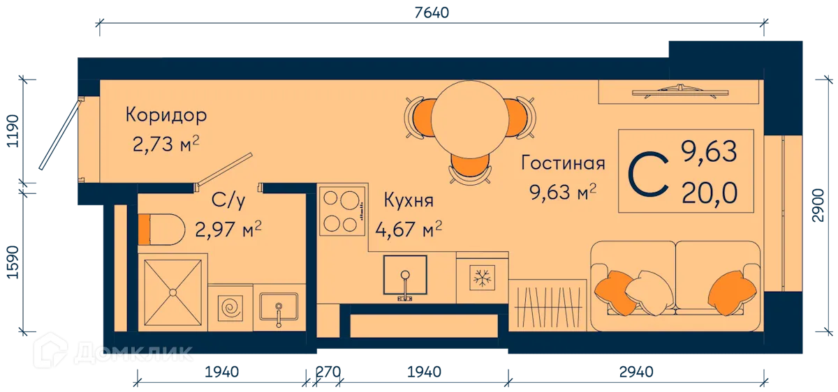 Планировка студии квартиры 20 м² в ЖК РИВЕР, г. Уфа — фото 1