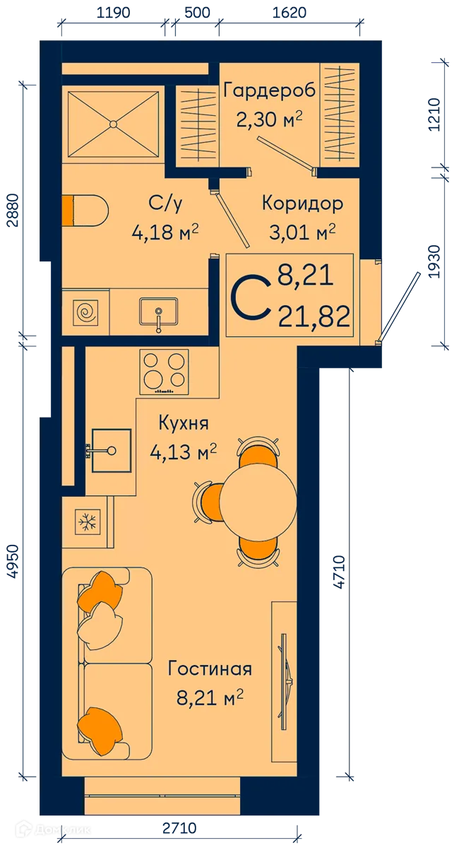 Планировка студии квартиры 21.82 м² в ЖК РИВЕР, г. Уфа — фото 1