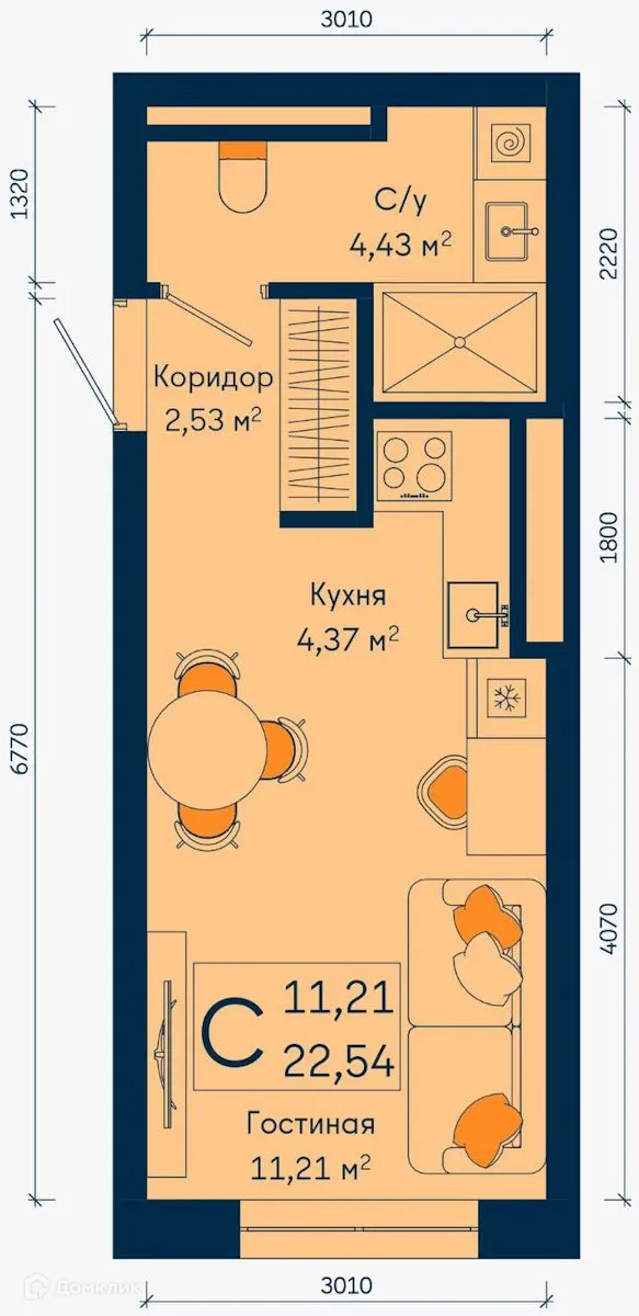 Планировка студии квартиры 22.54 м² в ЖК РИВЕР, г. Уфа — фото 1