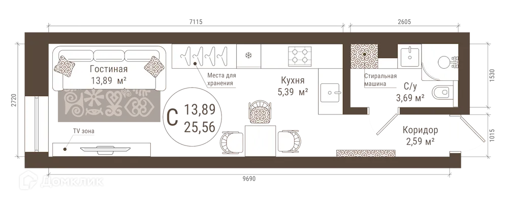 Планировка студии квартиры 25.56 м² в ЖК IREMEL TOWER (Иремель Тауэр), г. Уфа — фото 1