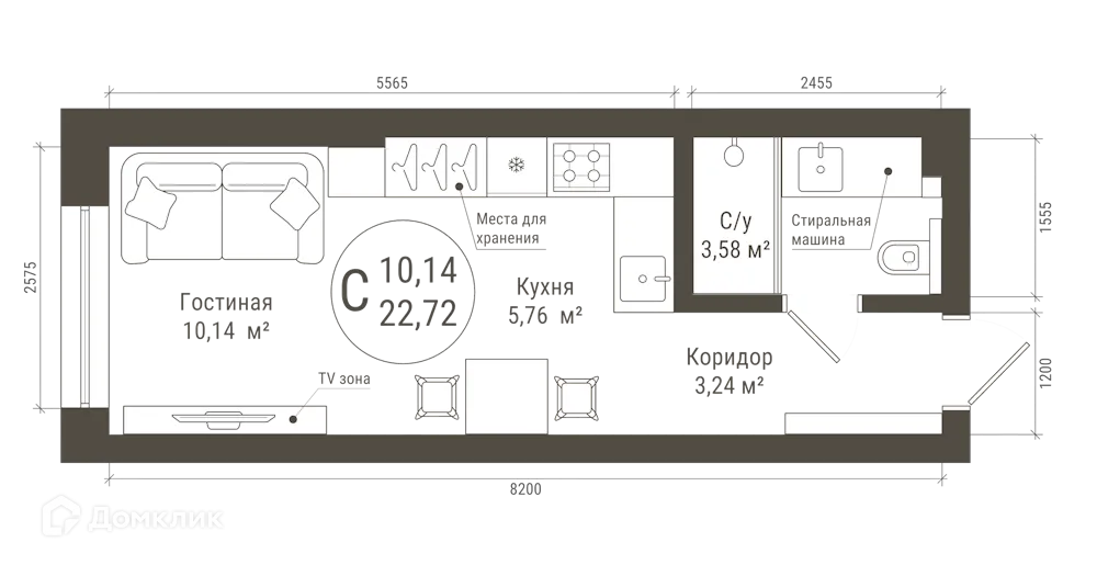 Планировка студии квартиры 22.72 м² в ЖК IREMEL TOWER (Иремель Тауэр), г. Уфа — фото 1