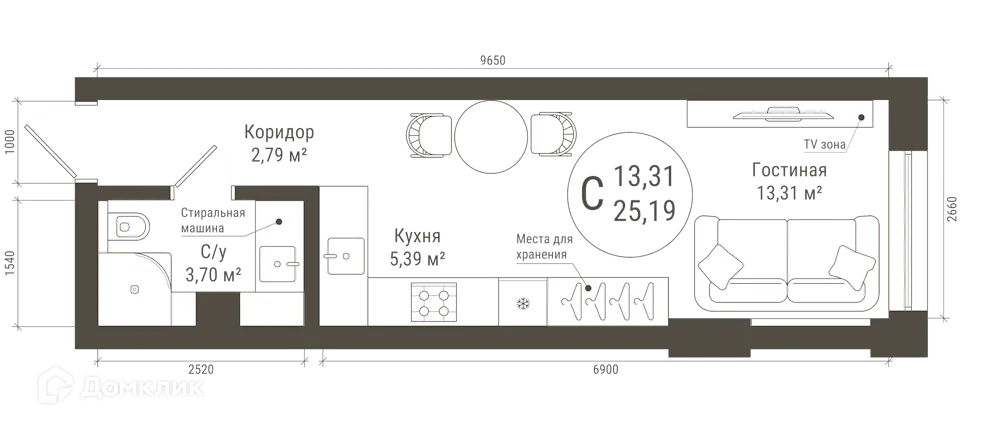 Планировка студии квартиры 25.19 м² в ЖК IREMEL TOWER (Иремель Тауэр), г. Уфа — фото 1