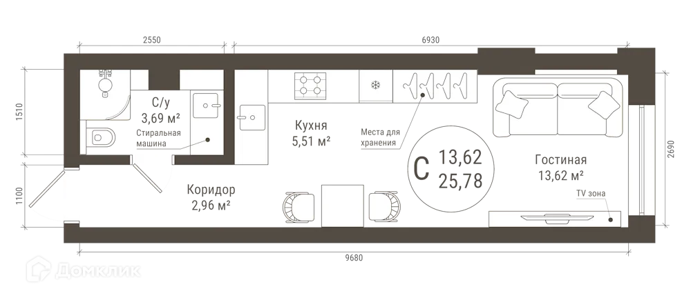 Планировка студии квартиры 25.78 м² в ЖК IREMEL TOWER (Иремель Тауэр), г. Уфа — фото 1