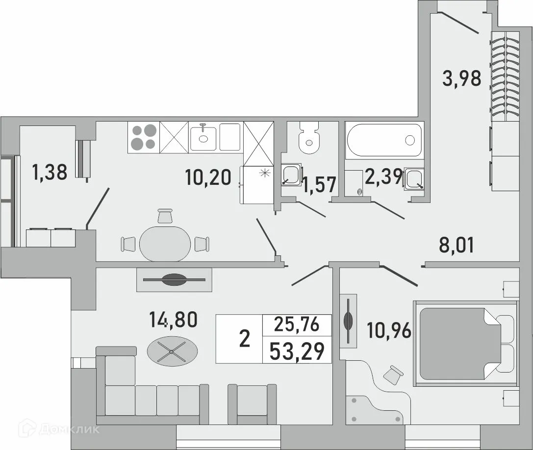 Планировка 2-комнатной квартиры 53.29 м² в ЖК Платинум, г. Уфа — фото 1