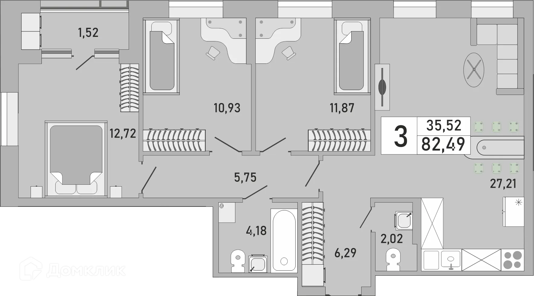 Планировка 3-комнатной квартиры 82.49 м² в ЖК Платинум, г. Уфа — фото 1