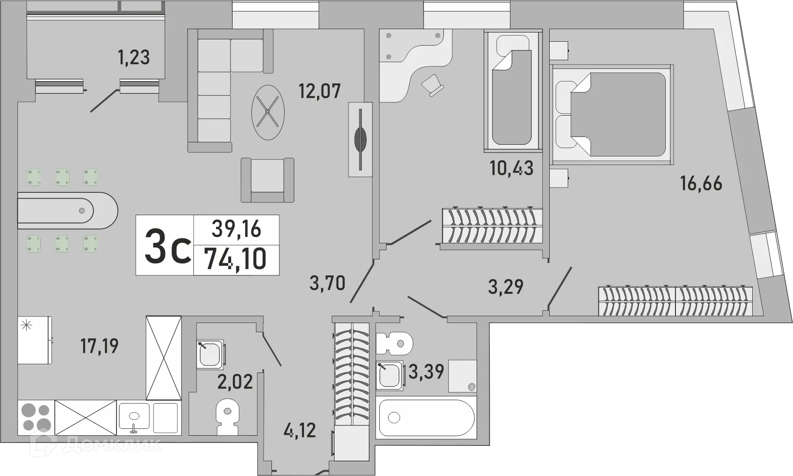 Планировка 3-комнатной квартиры 74.1 м² в ЖК Платинум, г. Уфа — фото 1