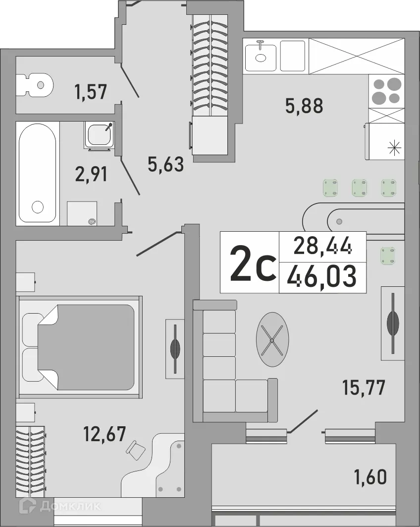 Планировка 2-комнатной квартиры 46.03 м² в ЖК Платинум, г. Уфа — фото 1