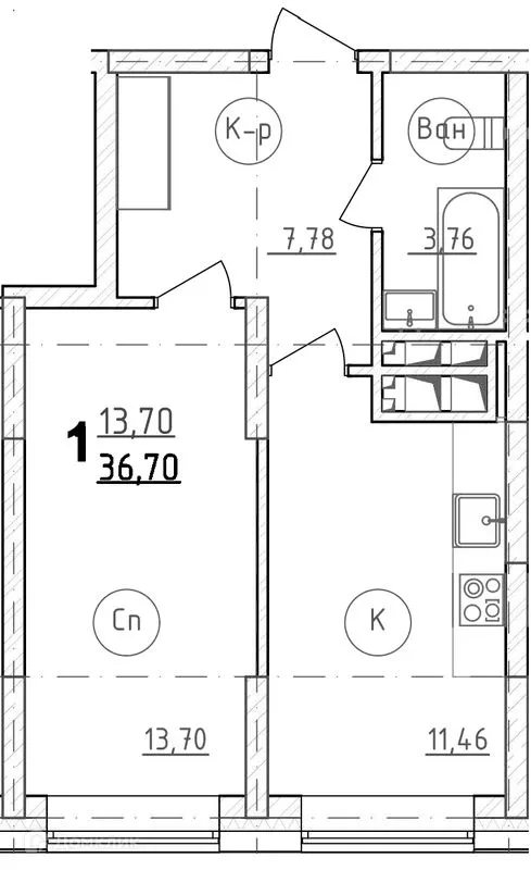 Планировка 1-комнатной квартиры 38 м² в ЖК Grand Family ( ЖК Гранд Фемели), г. Уфа — фото 1