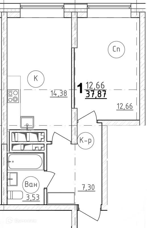 Планировка 1-комнатной квартиры 39.1 м² в ЖК Grand Family ( ЖК Гранд Фемели), г. Уфа — фото 1