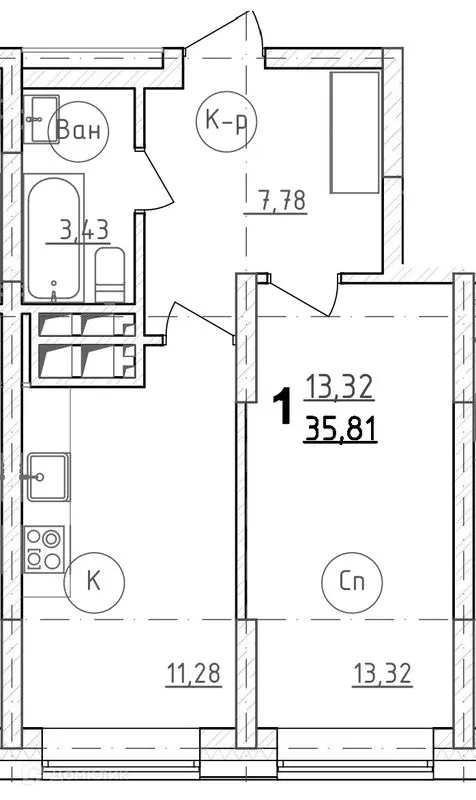 Планировка 1-комнатной квартиры 36.4 м² в ЖК Grand Family ( ЖК Гранд Фемели), г. Уфа — фото 1