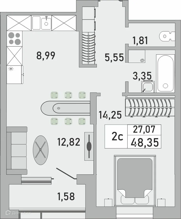 Планировка 2-комнатной квартиры 48.35 м² в ЖК Платинум, г. Уфа — фото 1