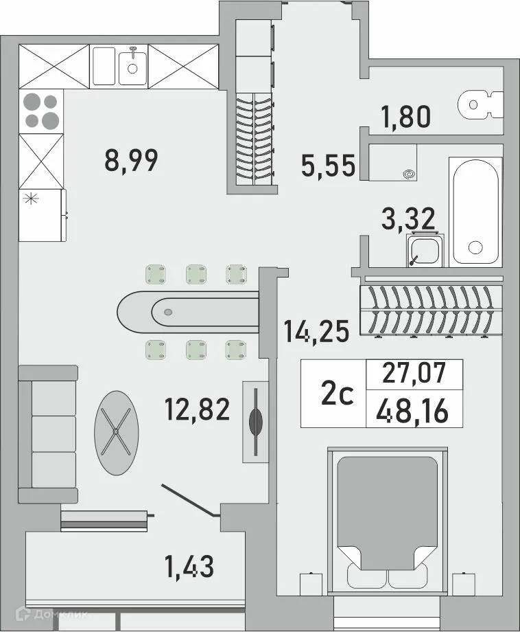 Планировка 2-комнатной квартиры 48.16 м² в ЖК Платинум, г. Уфа — фото 1