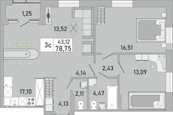Планировка 3 комн. в ЖК Платинум