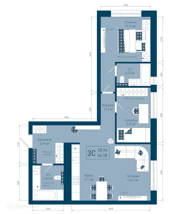 Планировка 3-комнатной квартиры 66.58 м² в ЖК THE SKY (СКАЙ), г. Уфа — фото 1